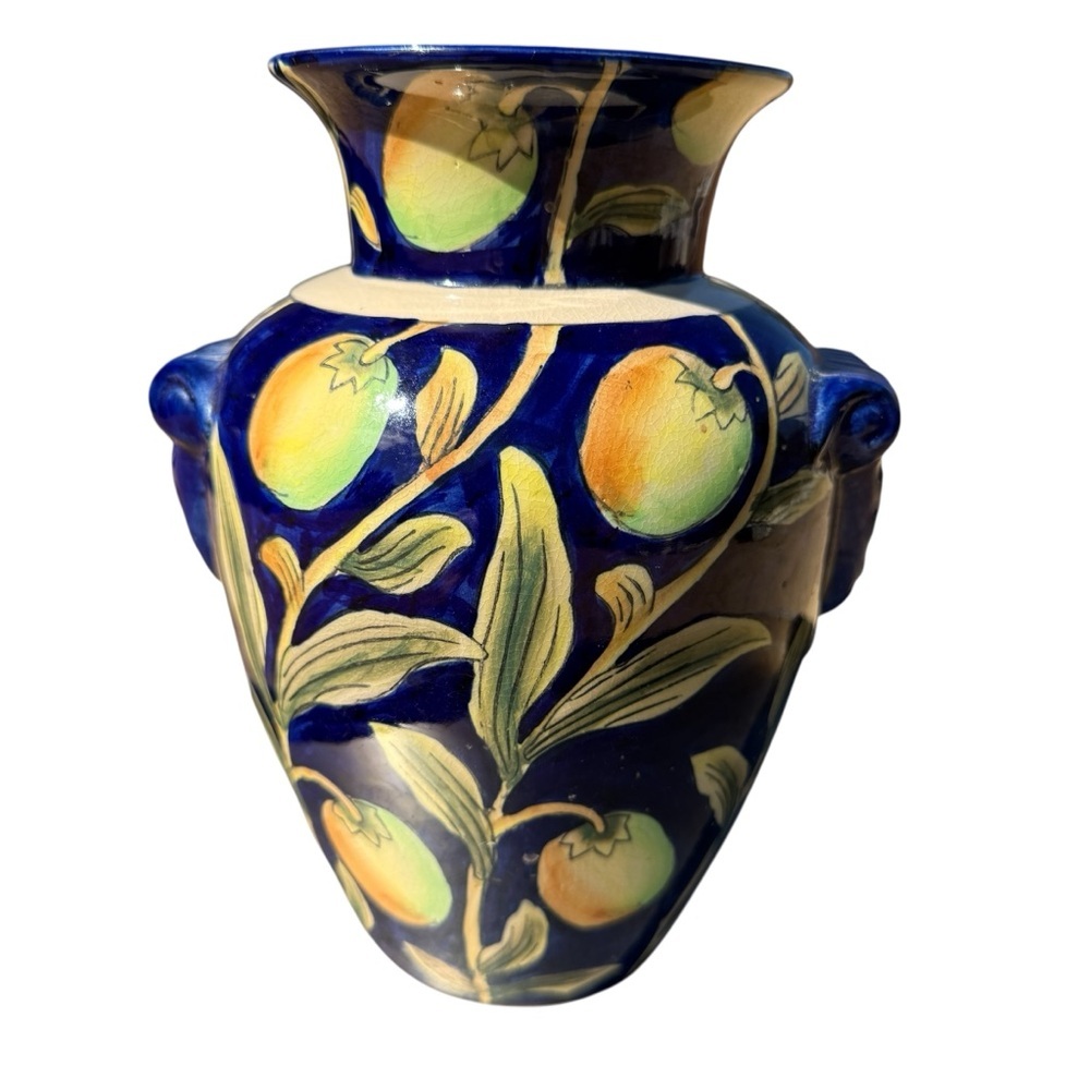 VTG Cantagalli Majolica Vase Cobalt Blue Hand-Painted Fruit Mask Handles 8.5in
